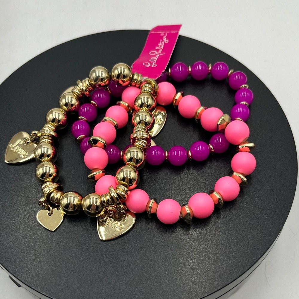 Lilly Pulitzer Via Amore Bright Pink Beaded Charm Stretch Bracelet Set new